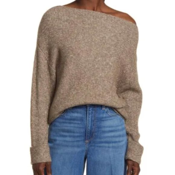 Treasure & Bond Sweaters - Treasure & Bond Rib Boat Neck Sweater, Color: Brown, Size: 2X off-th-shoulder